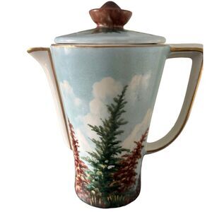 Vintage Hand Painted Porcelain Chocolate Pot Pine Tree Gold Trim Lidded Signed